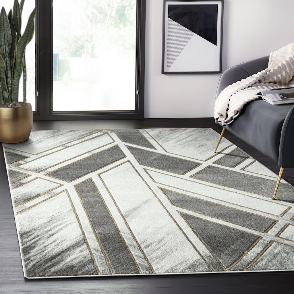 Abani Luna Contemporary Geometric White and Grey Indoor Area Rug