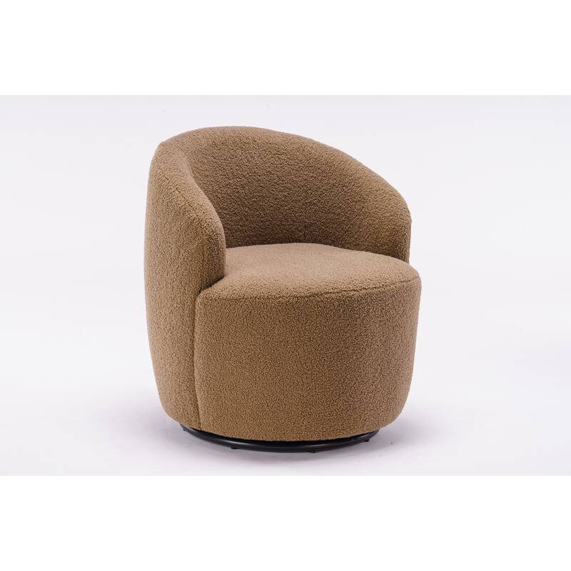 Teddy Fabric Swivel Barrel Chair, Round Upholstered Sofa Chair, Reading Leisure Chair with Curved Backrest & Metal Base