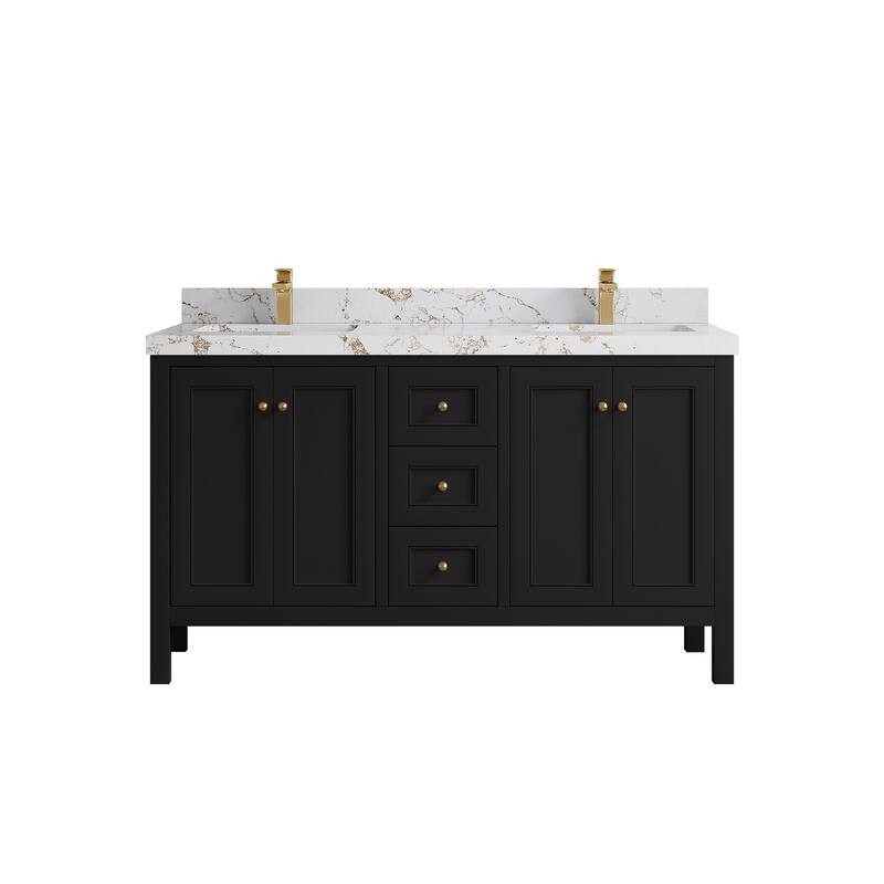 Willow Collections 60 in. W x 22 in. D Nashville Double Bowl Sink Bathroom Vanity with Countertop - 2"Viola Gold - Black