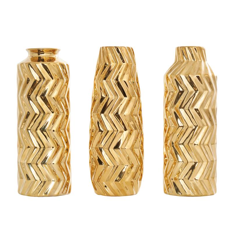Gold Ceramic Dimensional Chevron Textured Decorative Vase with Varying Shapes (Set of 3)