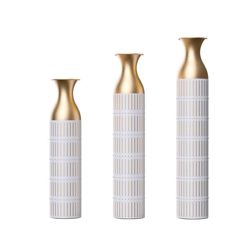 Set of 3 Tall White & Gold Metal Cylinder Vases - Glam Geometric Floor Vases for Modern Home Decor (24", 28.7", 33.4" Heights)