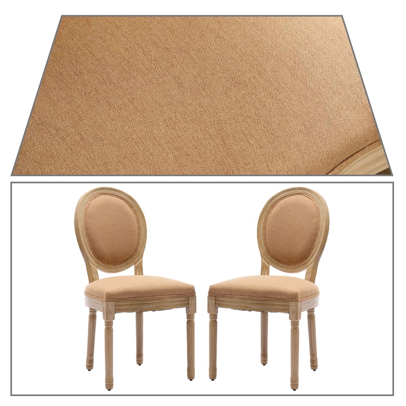 Vintage French Style Set of Two Linen Upholstered Dining Chairs with Solid Rubberwood Frame Legs