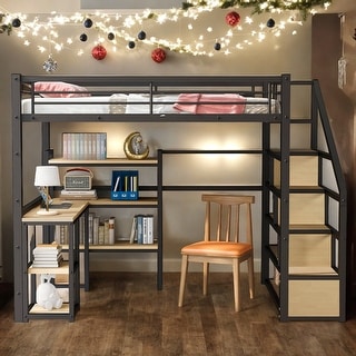Full Size Metal Loft Bed with Desk and Shelves