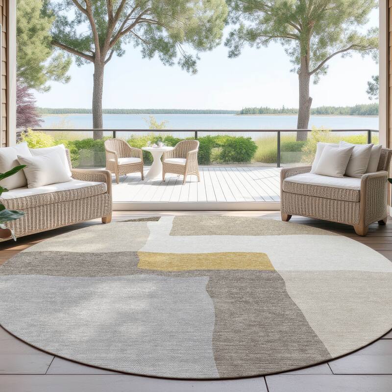 Machine Washable Indoor/ Outdoor Contemporary Blox Chantille Rug - Beige - 8' x 8'