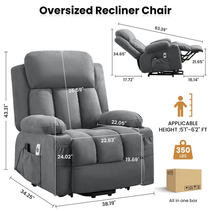 Power Lift Recliner with Heat & Massage USB Side Pockets for Elderly