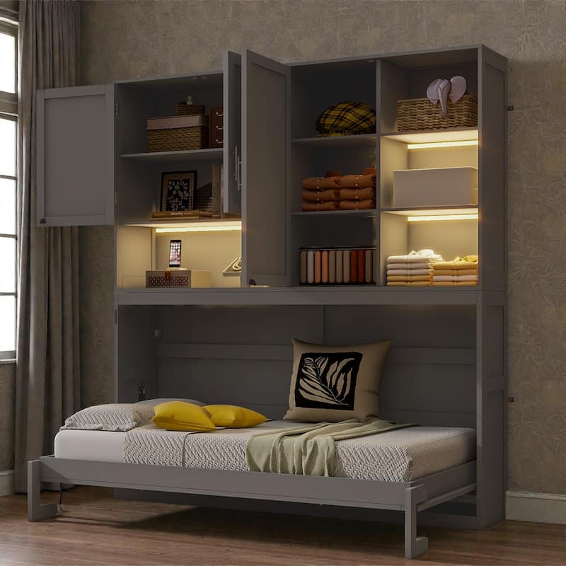 Twin Size Wall Murphy Bed with Top Cabinet, Shelves, Foldable Space-Saving Bed with Light & USB Charging Port