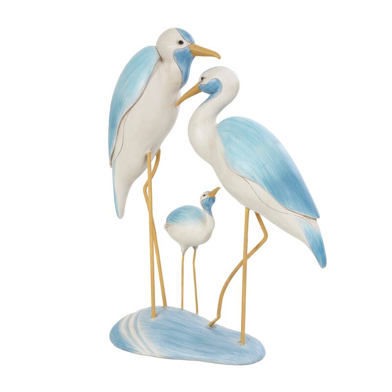 Polystone Bird Family Sculpture with Yellow Accents - Light Blue - Roche River Decor - 5"W x 11"L x 15"H
