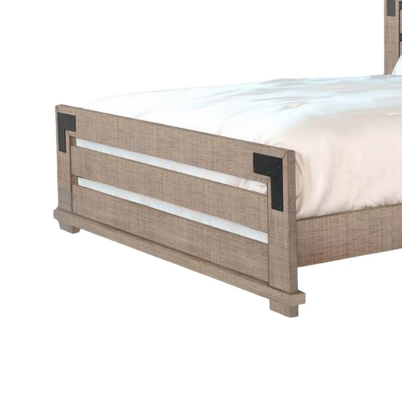 Desy Queen Size Platform Bed, Slatted Headboard, Farmhouse Light Brown