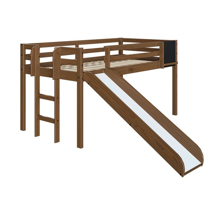 Camille Kids Twin Loft Bed with Slide and Ladder - Pine Wood Loft Bed with Chalkboard