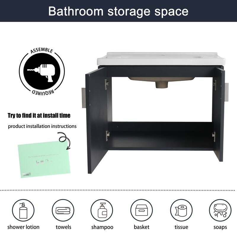 Malwee 24"/28" Floating Bathroom Vanity, Wall Mounted Bathroom Vanity with Ceramic Sink and Soft Close Door