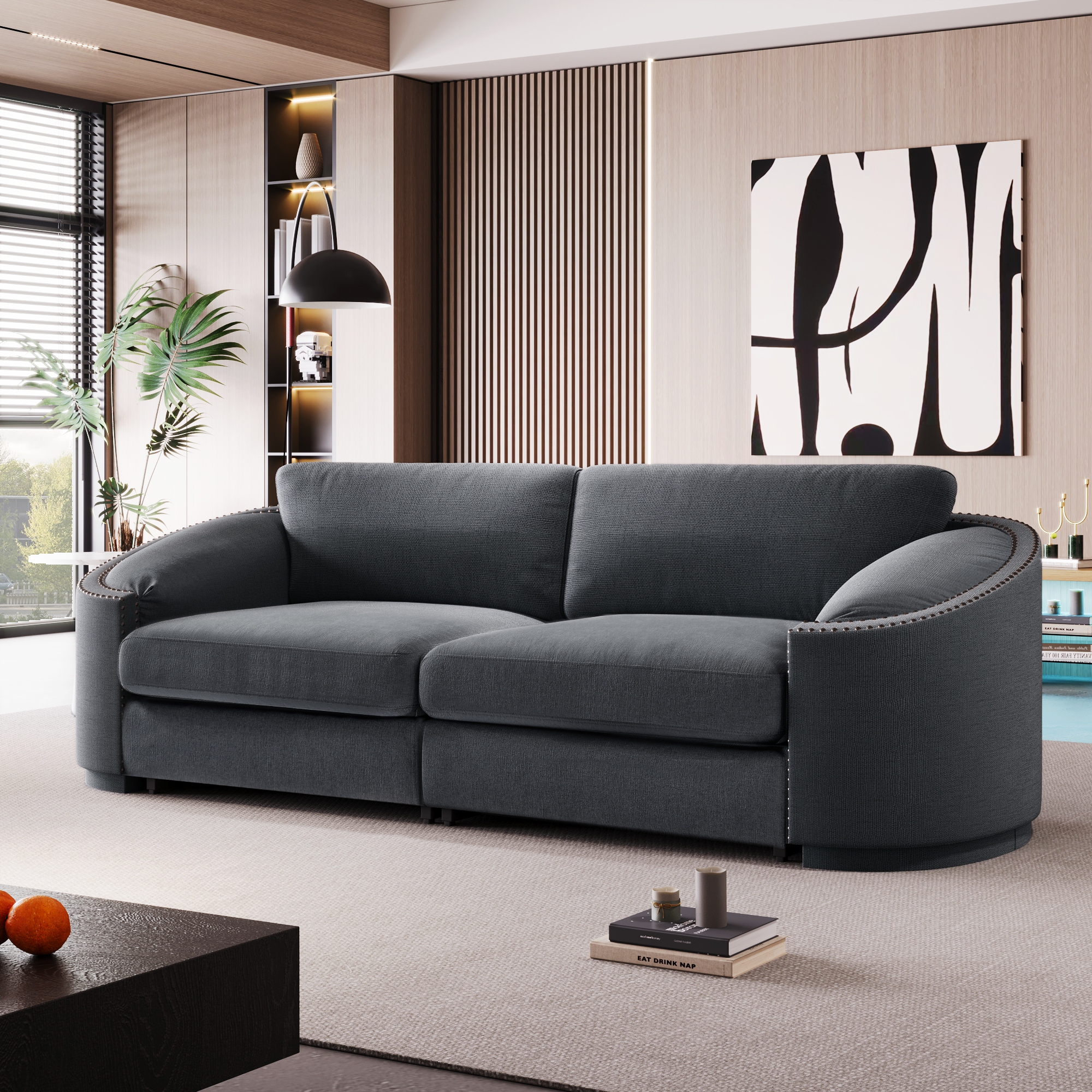 92 2 seat Semilunar Arm Sofa Modern Stylish Rivet Oversized Lovesseat Cotton Filled Back Upholstery Couch for Living Room