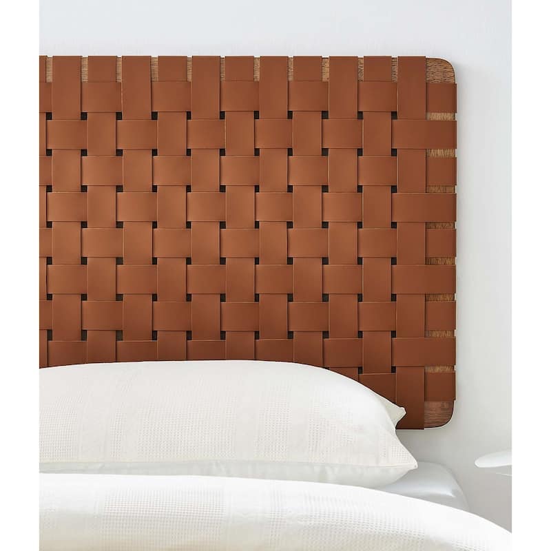 Ditmas Solid Wooden Brown Leather Basket Weaved Floating Twin Size Headboard