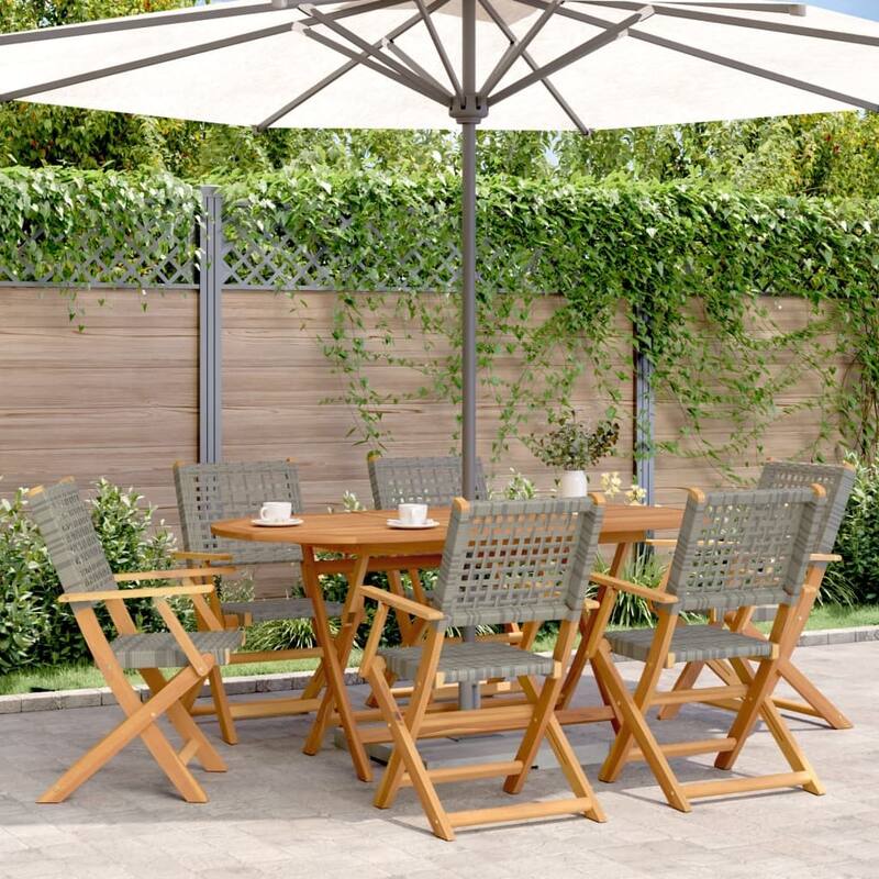 vidaXL Folding Patio Chairs Seating Outdoor Furniture Poly Rattan and Solid Wood - 22.4 x 21.3 x 35.8 - Grey - 6 pieces