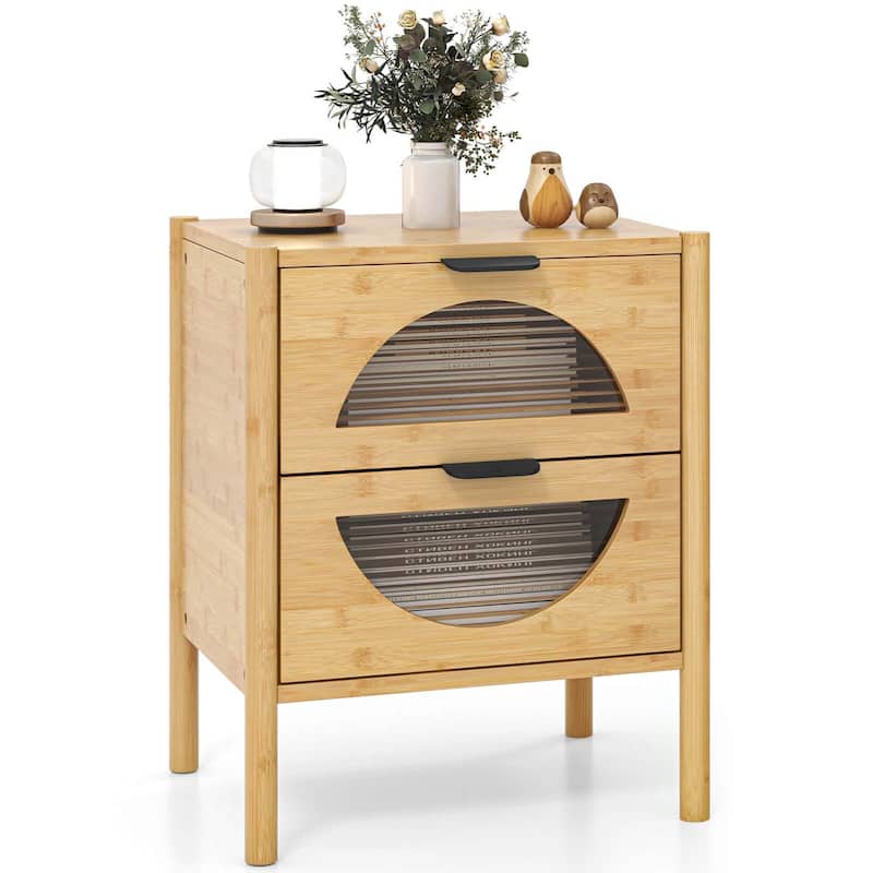 Costway 1/2 PCS Bamboo Nightstand with 2 Storage Drawers & Reeded - 2-drawer