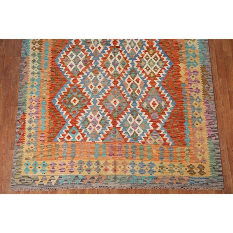 Hand Woven Oriental 100% Wool Carpet Southwestern Geometric Oranges & Rust Kilim Area Rug - 9' 6'' X 6' 6''