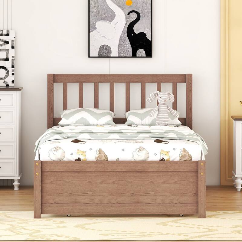 Brown Walnut Rubberwood Twin Platform Bed with Trundle, Sleek Design, No Box Spring Needed