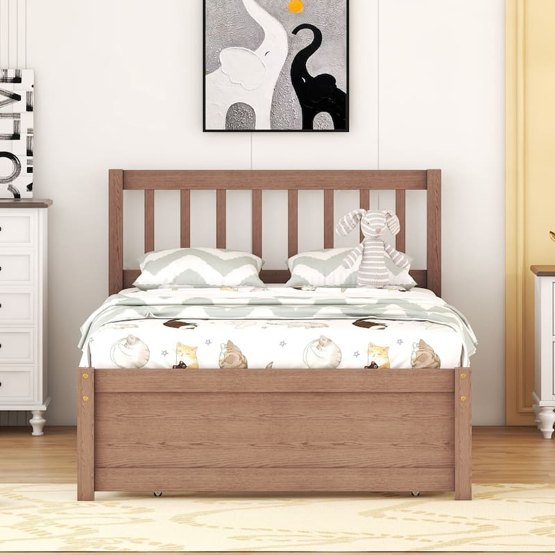 Modern Walnut Twin Platform Bed Frame with Trundle, Space-Saving Design