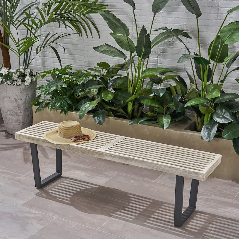 Fresno Outdoor Acacia Dining Bench by Christopher Knight Home - N/A - brushed light gray finish, black