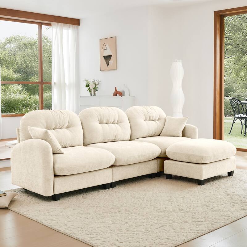 107" Sectional Couches for Living Room, Tufted Back Upholstered Couch with Ottoman, Chenille 3 Seater Modular Sectional Sofa