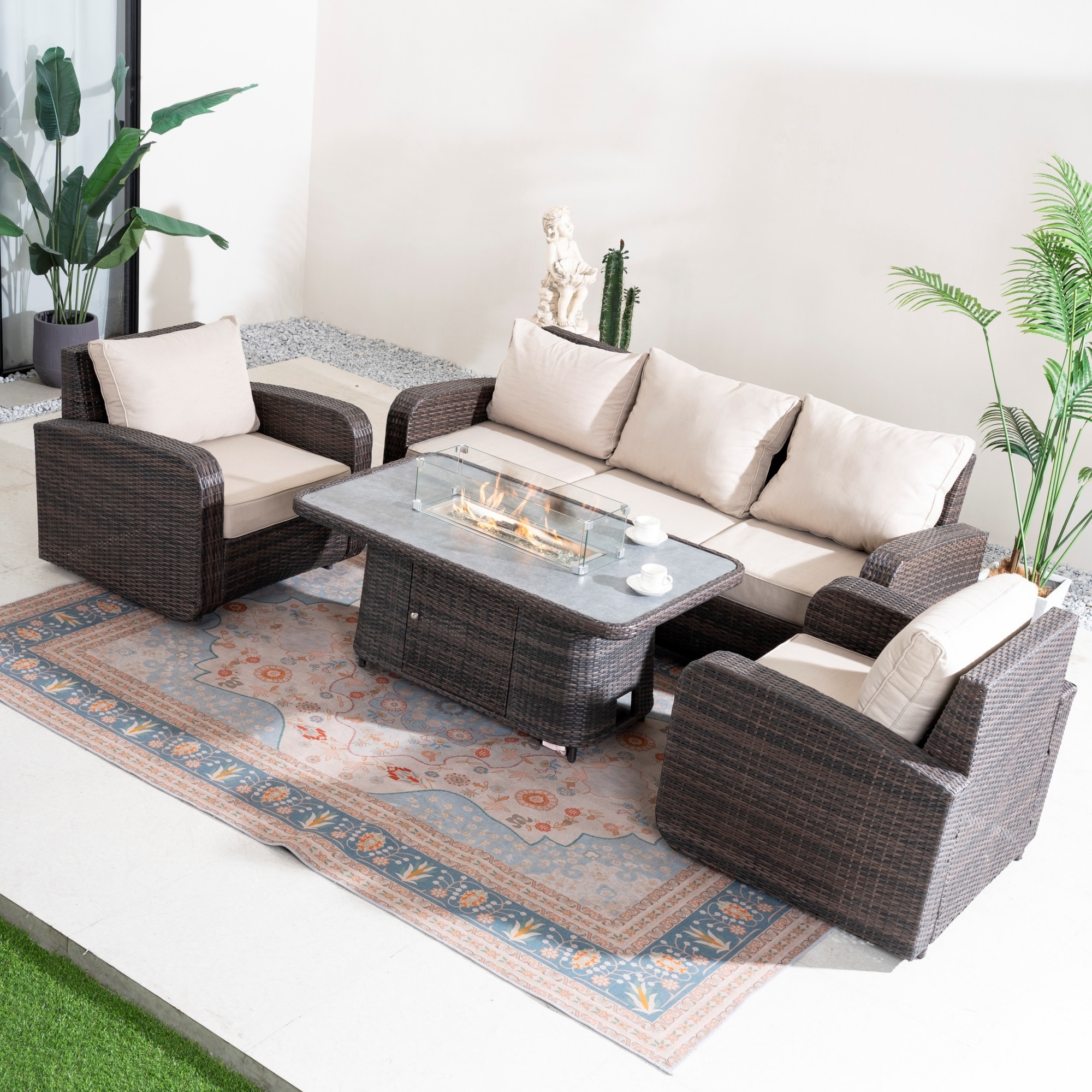 4/5-Piece PE Wicker Outdoor Sofa Set with 50,000 BTU Propane Fire Pit Table