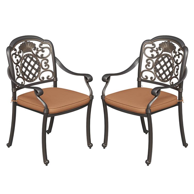 Set of 2 Cast Aluminum Patio Chairs with Cushions – All-Weather Outdoor Bistro Dining Chairs with Adjustable Foot Pads - Brown