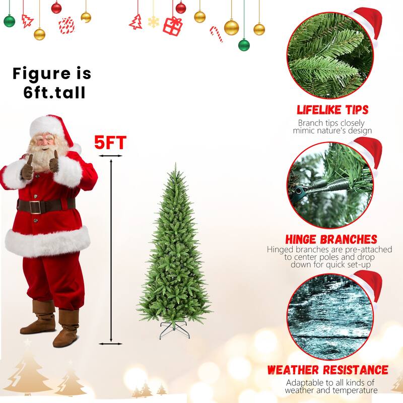 Slim Artificial Christmas Tree - PE+PVC Branches, Hinged Design, Metal Stand, Small Spaces - Green