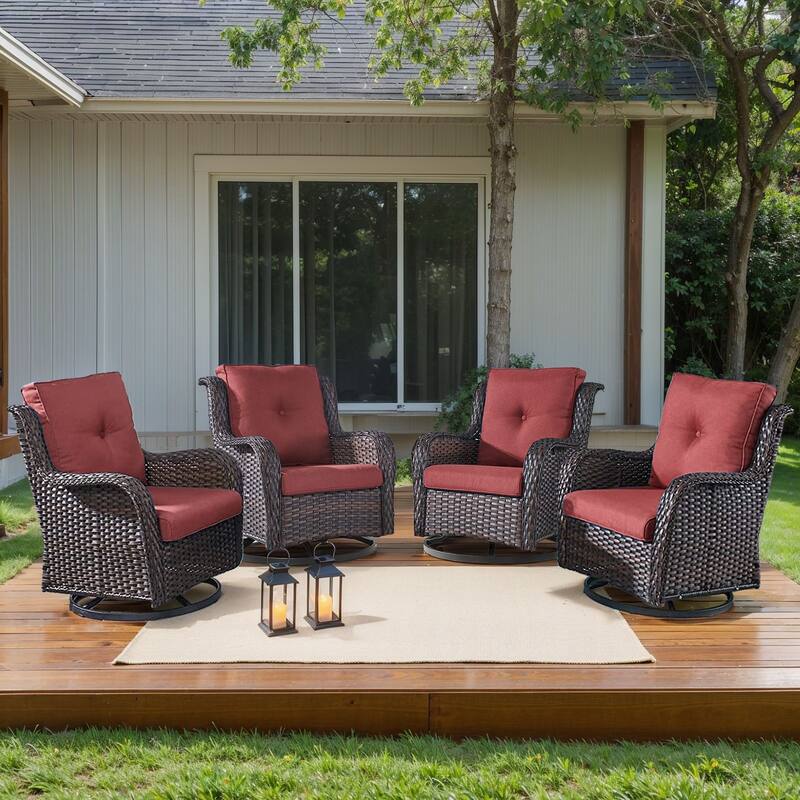 Pocassy 4Pieces Swivel Glider Chairs with 5Inch 6Inch Cushion - Brown Wicker Red Cushion - 4PCS Swivel Chair with 4 Inch Cushion
