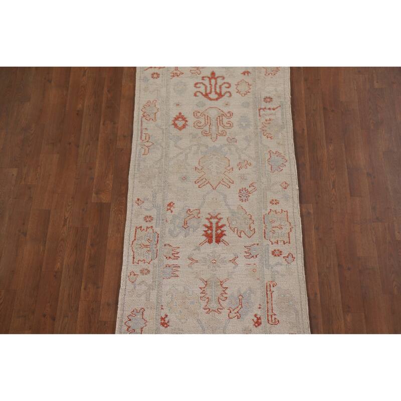 Hand Knotted Oriental 100% Wool Carpet Transitional All-Over Beige & Ivories Oushak Runner Rug - 17' 7'' X 2' 5''