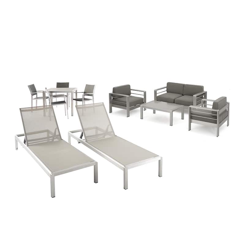 Cape Coral Outdoor Dining Set + Conversation Set + Chaise Lounges + Coffee Table by Christopher Knight Home - silver + natural + gray + khaki