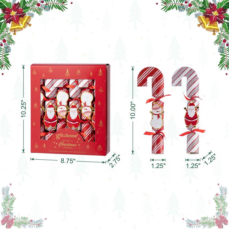 Glitzhome 12 Pack Christmas Candy Cane Party Cracker with Gift Contents