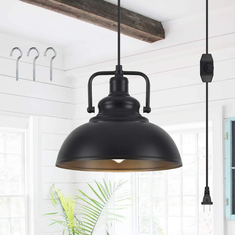 1 - Light Modern Industrial Plug-In Pendant Light with Metal Dome Lampshade - Black