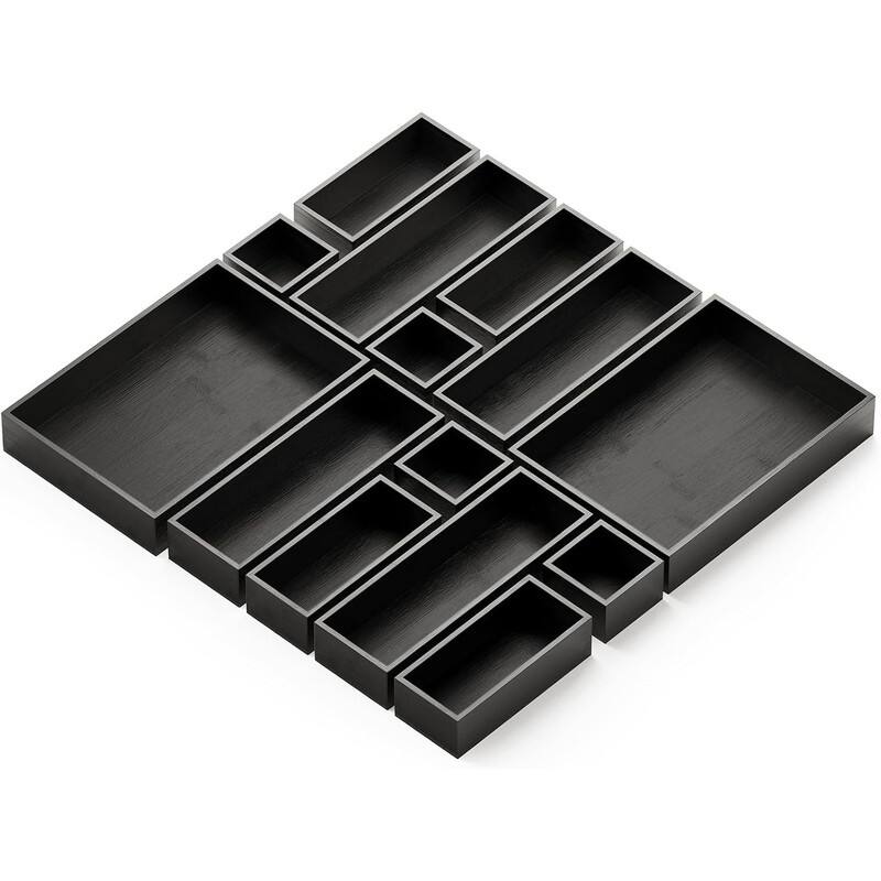 14-Piece Bamboo Drawer Organizer Storage Boxes Set, Wood Tray Junk Drawer Organizers Multi-Use Divider Bins - Black
