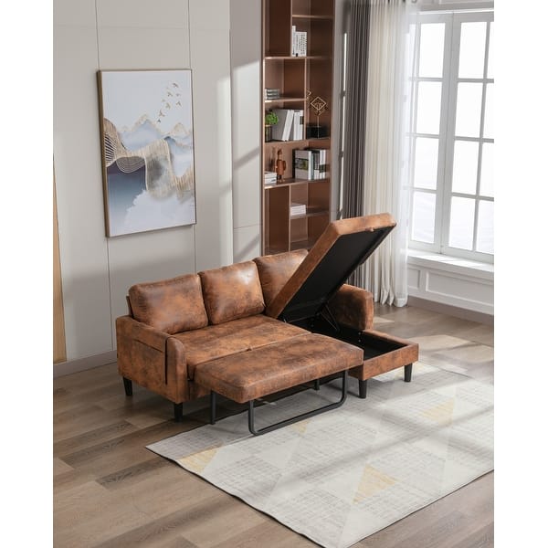 slide 2 of 13, L Shape Sleeper Sectional Sofa with Reversible Chaise & 3 Pillows Coffee Microfiber