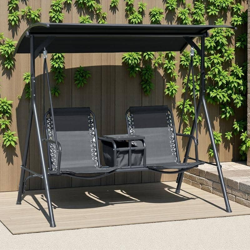 Steel 2-Seat Patio Swing with Storage Table and Cup Holders - Outdoor Canopy Glider (528lb Capacity) - Black