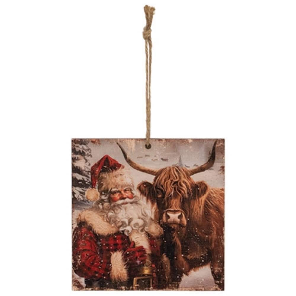 Woodland Santa and Highland Cow Ornament Rustic Christmas Decor - 4" x 0.13" x 4"