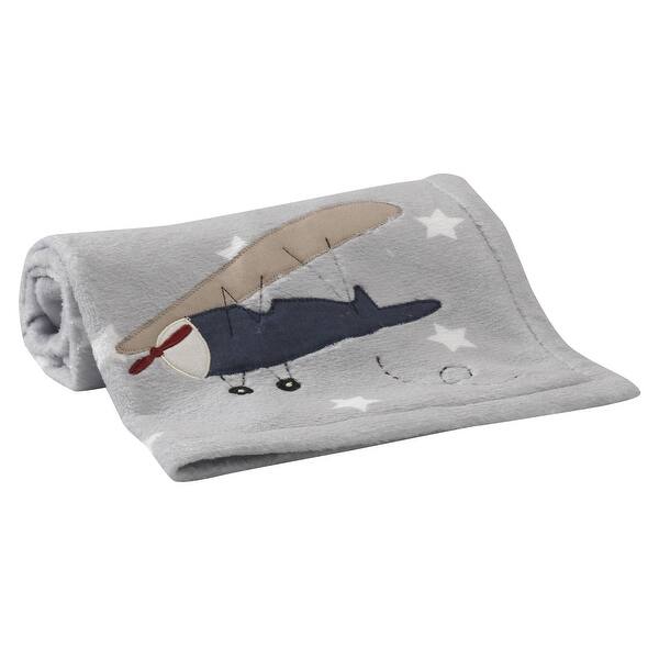 slide 1 of 1, Lambs & Ivy Evan Gray Airplane Coral Fleece Baby Blanket