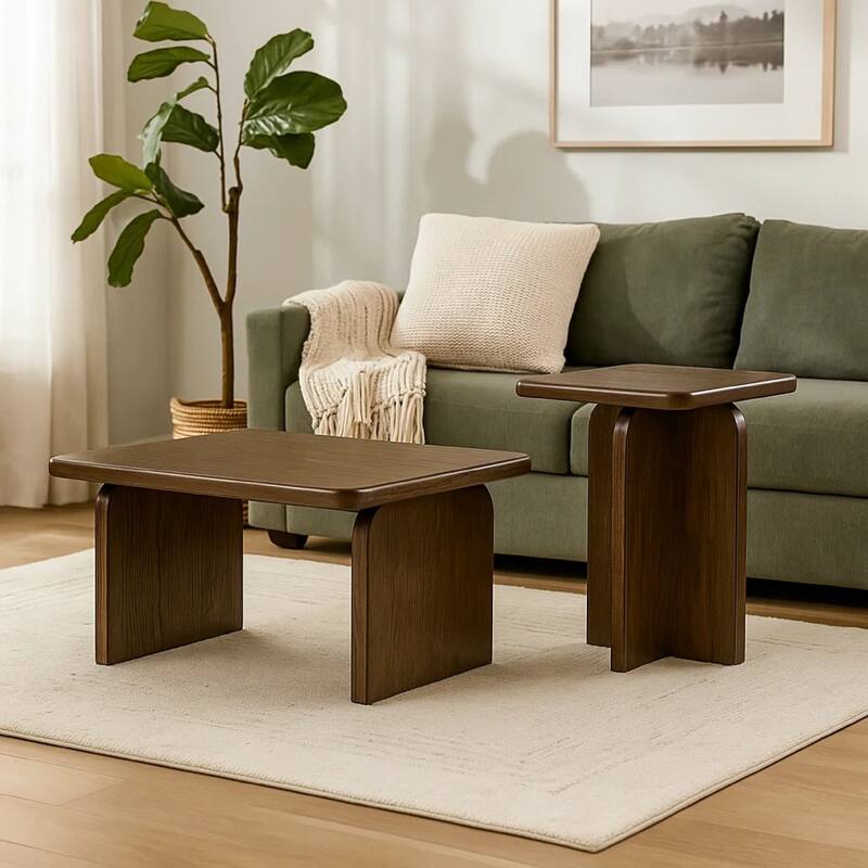 Medy 2pc Coffee and End Table Set, Wide Geometric Base, Textured Brown