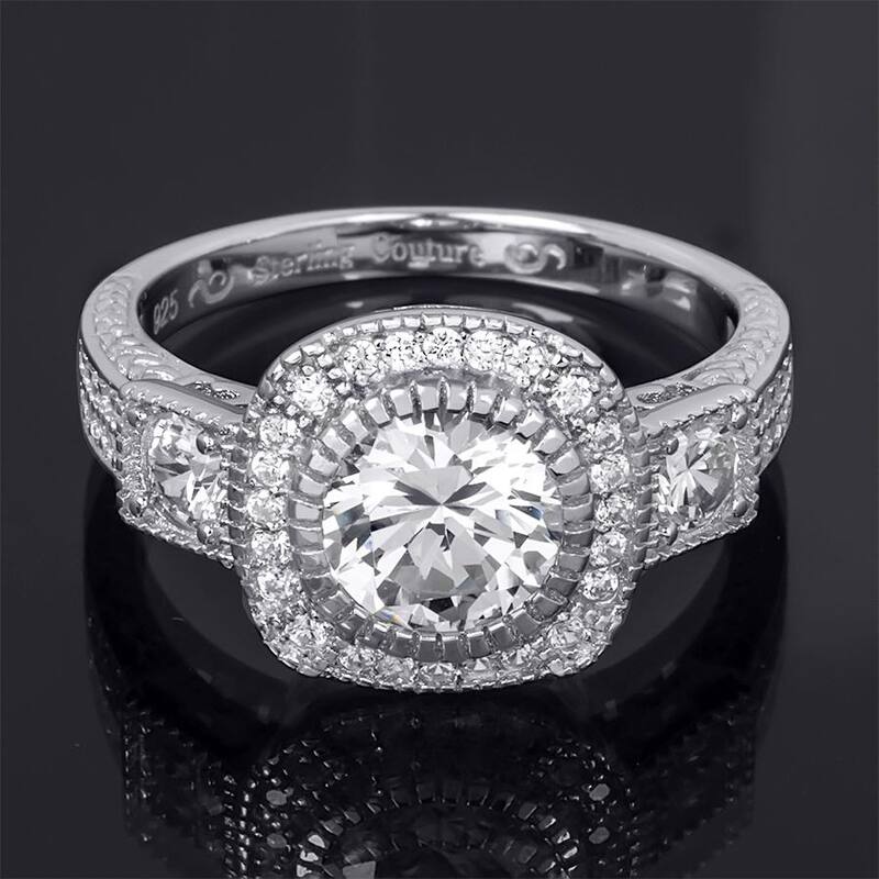 Sterling Silver Cubic Zirconia Bridal Ring 3.0 Carat Halo Round Cut