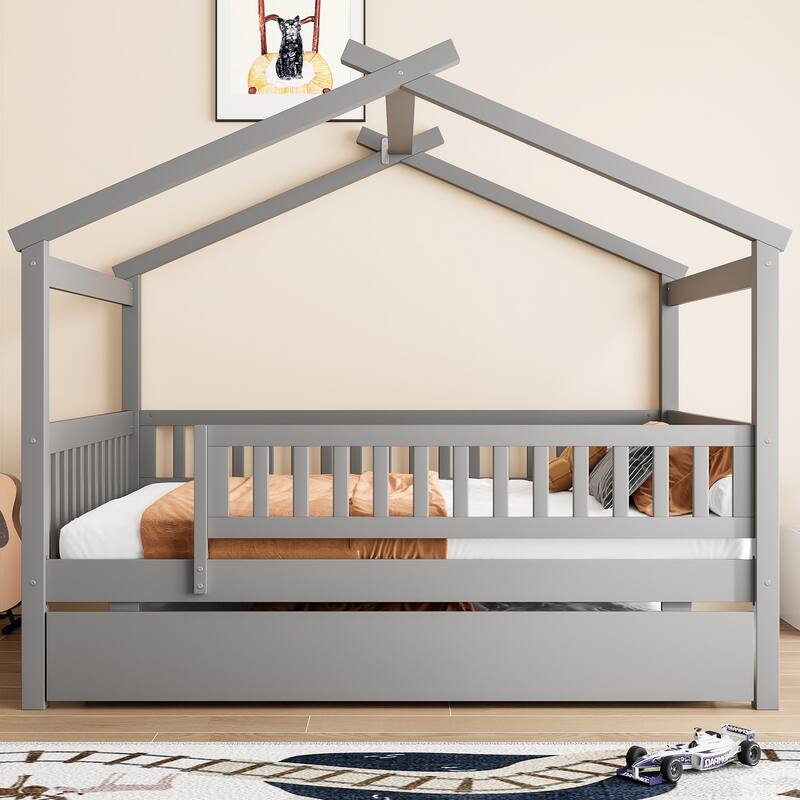 Roomfitters Full Size Wooden House Bed with Twin Trundle and Roof Frame Pine - Grey