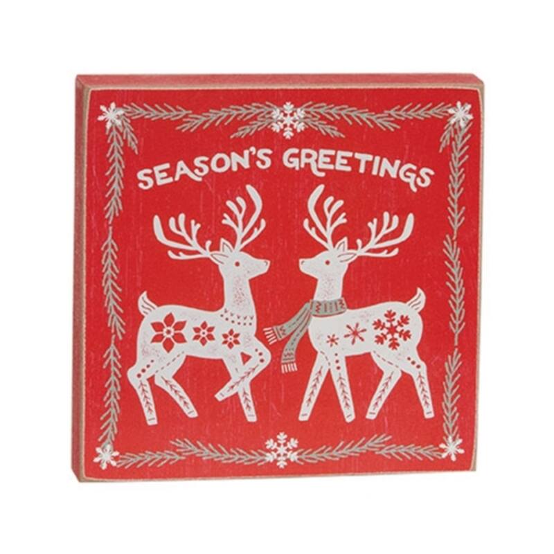 Season's Greetings Sweater Reindeer Wooden Block Christmas Decor Red Distressed Winter - 5" H x 5" W x .75" D - Red