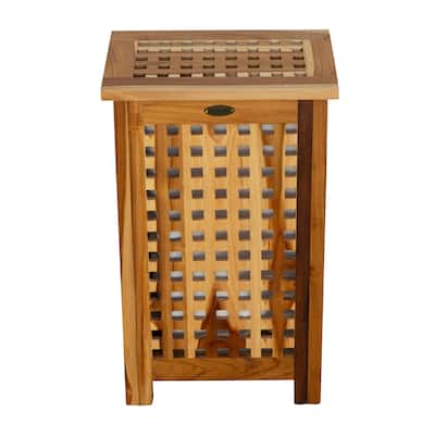 EcoDecors Solid Teak Lattice Apartment Hamper with Laundry Bag in EarthyTeak Finish