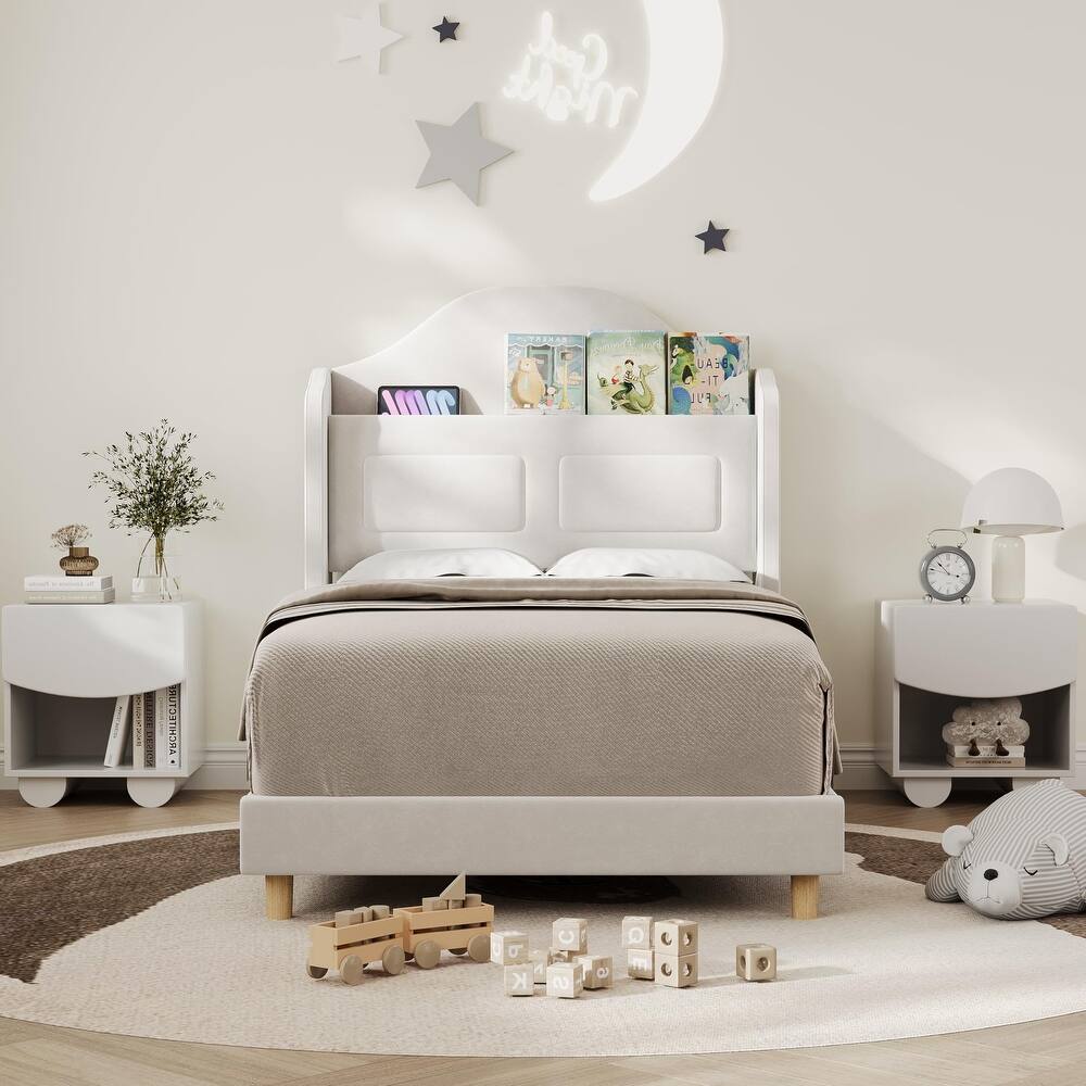 Upholstered Twin Bed Frame, with Wing Back Storage Headboard and Led Lights