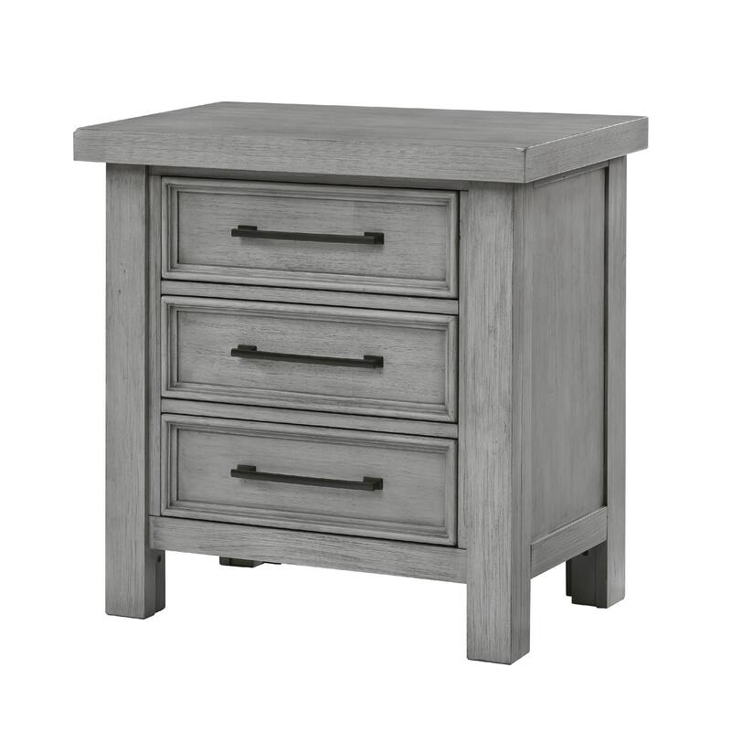 Daisy Nightstand, Gray Mango Veneer, 3 Drawers, Bronze Metal Knobs