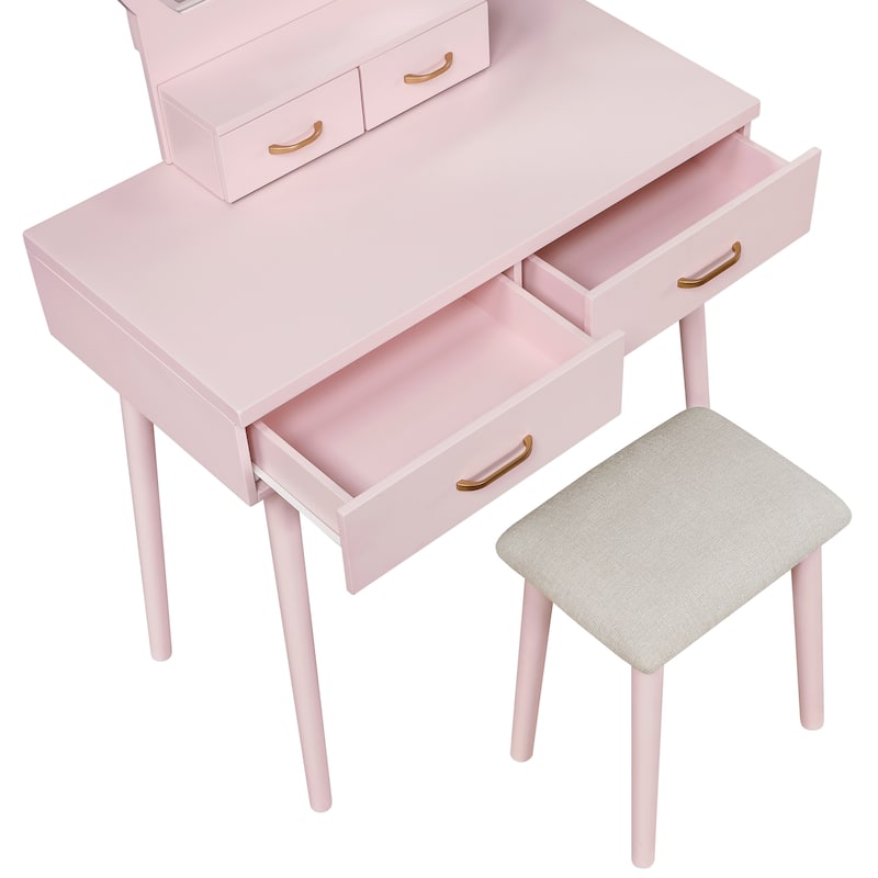Beautiful Pink Finish Vanity Dresser with Mirror and Stool