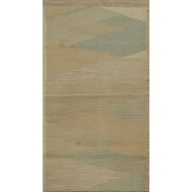 Hand Woven Oriental 100% Wool Carpet Southwestern Modern Beige & Ivories Kilim Area Rug - 3' 10'' X 2' 0''