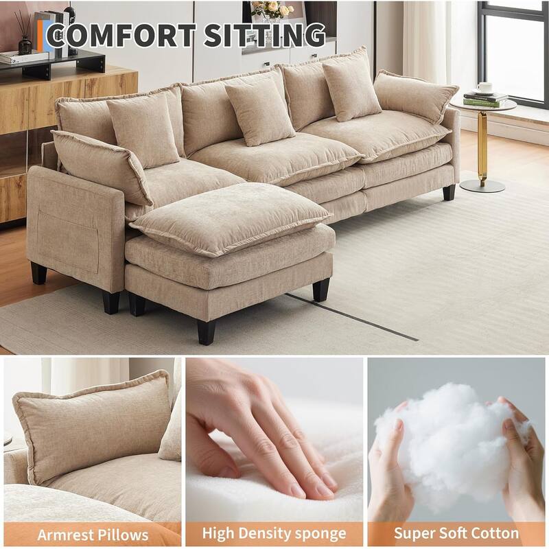 112.2" Sectional Cloud Couch, Modular Sectional Couches Sofa for Living Room with Movable Ottoman, 3-Seater Chenille