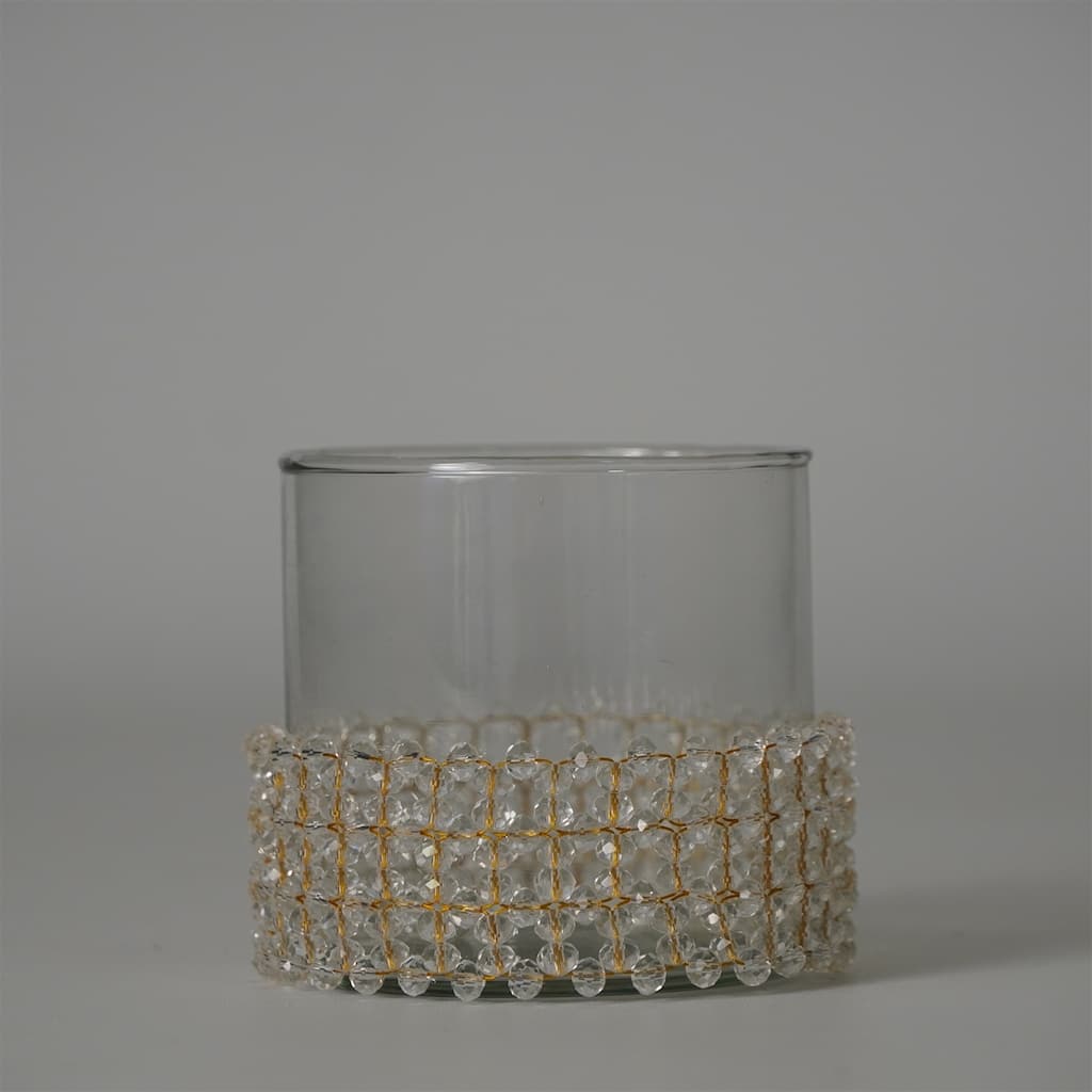 Beaded Glass Votive Candle Holder - 3" - Clear and Gold