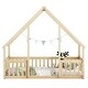 preview thumbnail 7 of 10, Natural Twin Size Pine Wood House-Shaped Floor Bed with Fence, Guardrails and Roof for Bedroom