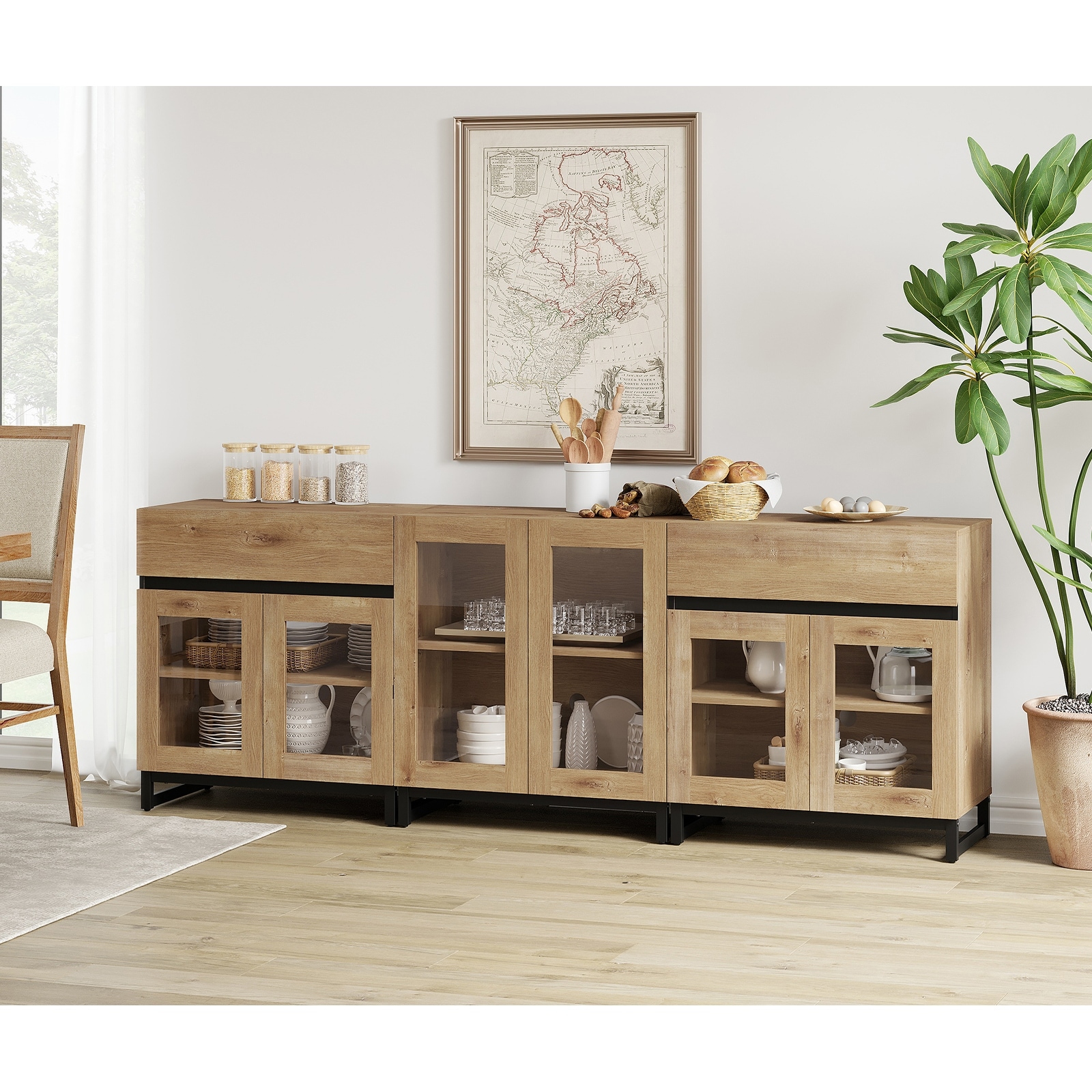 WAMPAT 3 in 1 Modern Sideboard with Adjustable Shelves and 2 Drawers, Coffee Bar Cabinet for Living Room, Kitchen