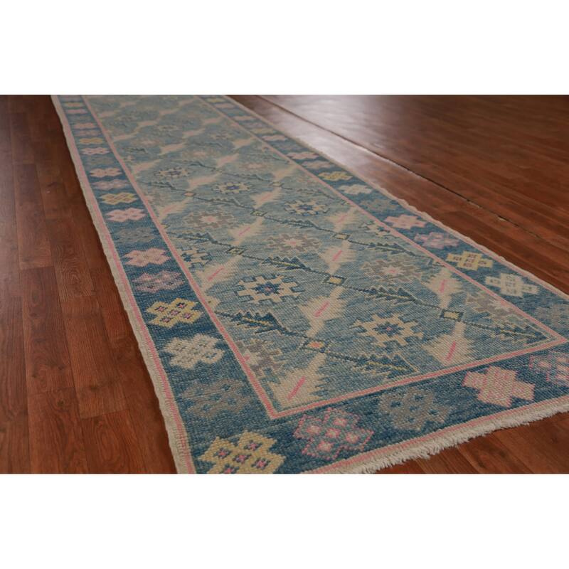 Hand Knotted Oriental 100% Wool Carpet Transitional Floral Navy Blue & Blues Oushak Runner Rug - 16' 7'' X 3' 6''